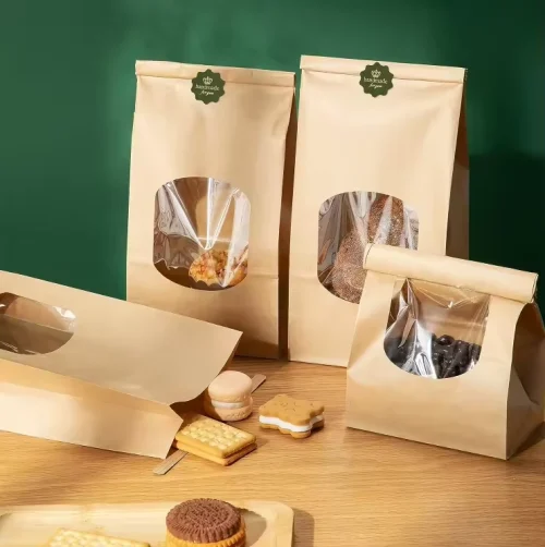 Tin Tie Sealing Side Gusset Cookie Pouches,Brown Paper Side Gusset Food Pouches With Window