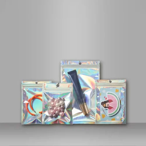 Holographic clear stand-up resealable zipper pouches for jewelry, stylish and durable, perfect for packaging and displaying accessories. Secure, eye-catching design.