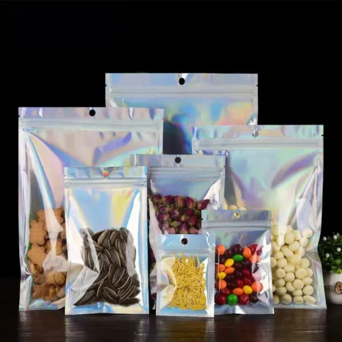 Holographic clear stand-up resealable zipper pouches for jewelry, stylish and durable, perfect for packaging and displaying accessories. Secure, eye-catching design.