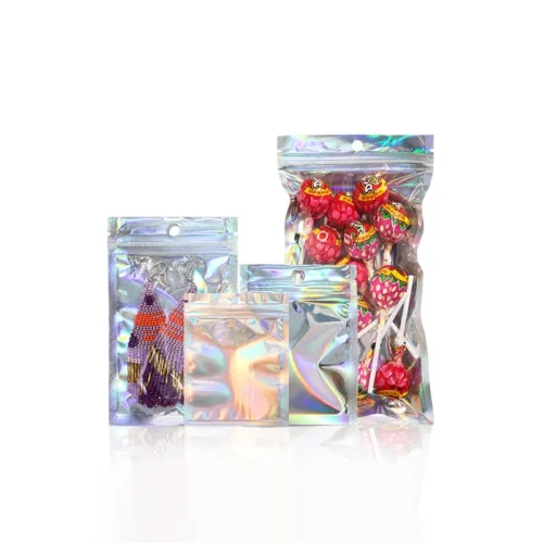 Holographic clear stand-up resealable zipper pouches for jewelry, stylish and durable, perfect for packaging and displaying accessories. Secure, eye-catching design.