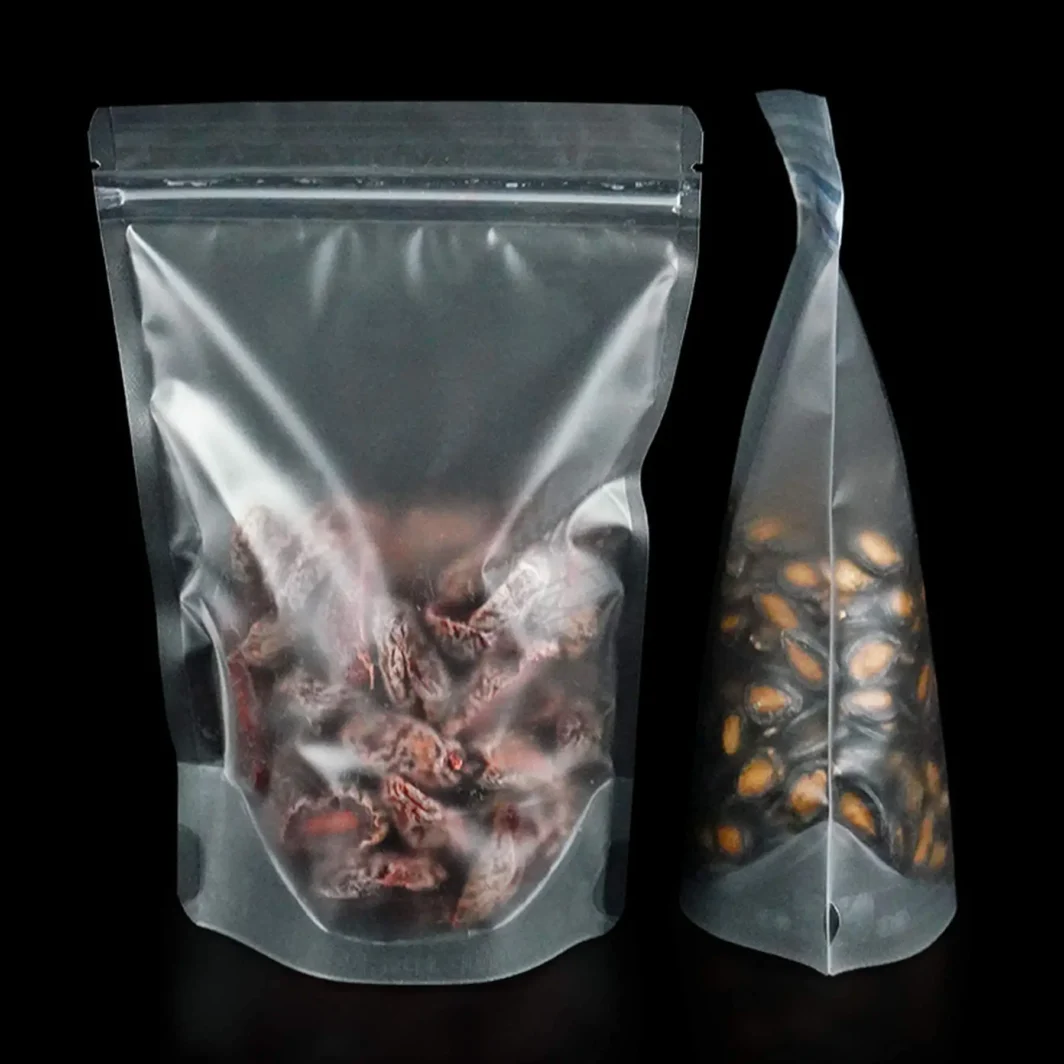 Clear stand-up pouches, eco-friendly and durable, ideal for packaging snacks, coffee, and dry foods. Stylish, sustainable design to preserve freshness.