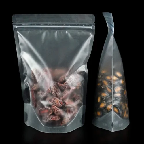 Clear stand-up pouches, eco-friendly and durable, ideal for packaging snacks, coffee, and dry foods. Stylish, sustainable design to preserve freshness.