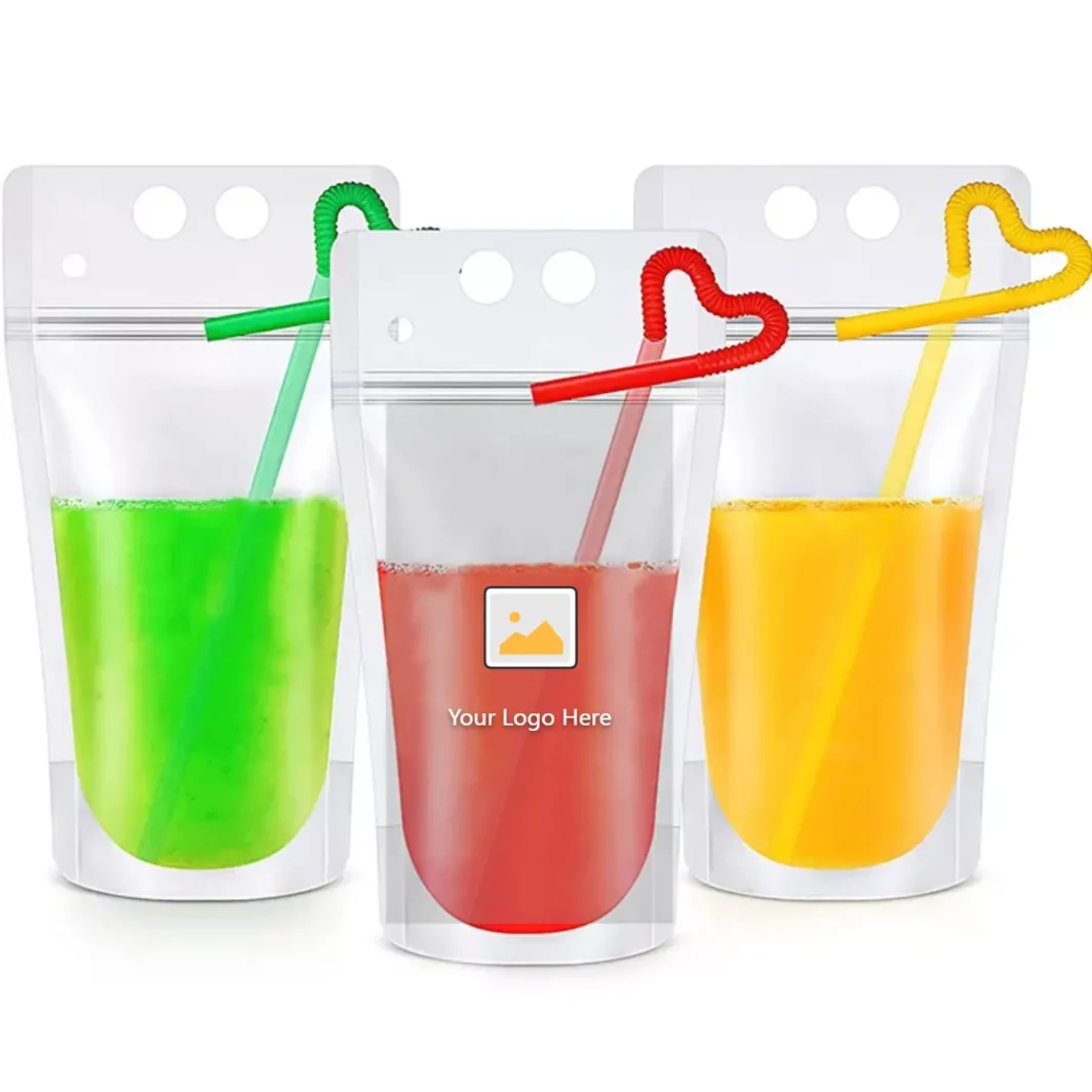 Transparent Stand Up Drink Pouches With Straws Hole